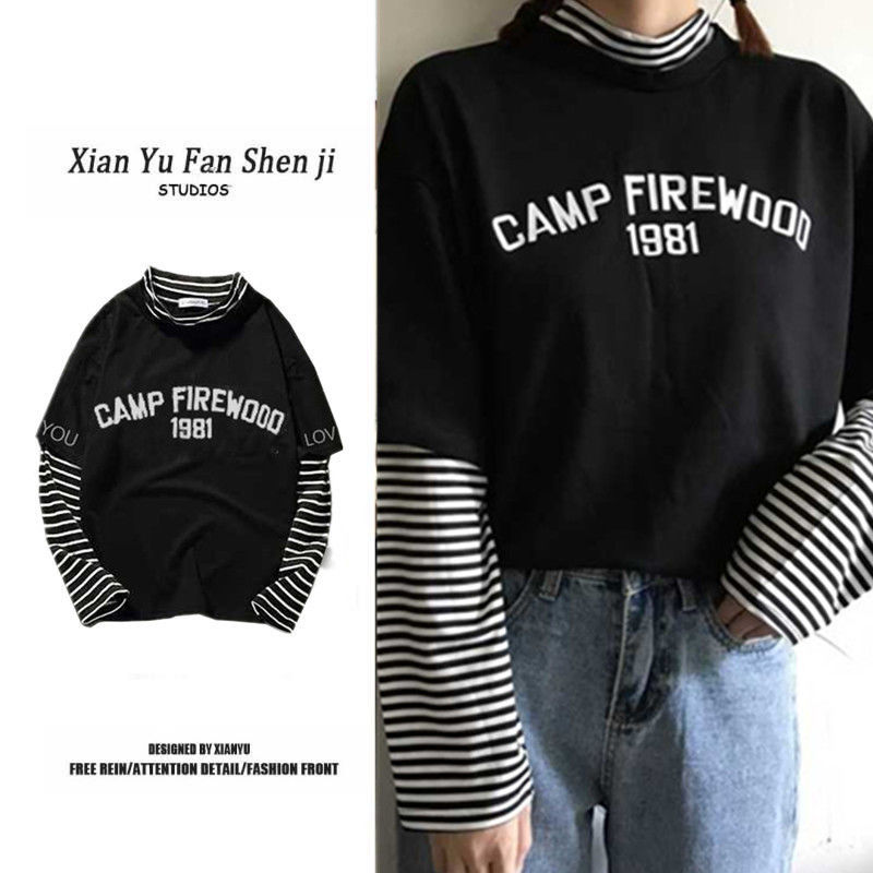 Spring and autumn 2020 new Korean version of Harajuku stripe fake two loose high collar long sleeve T-shirt girl student's bottoming shirt