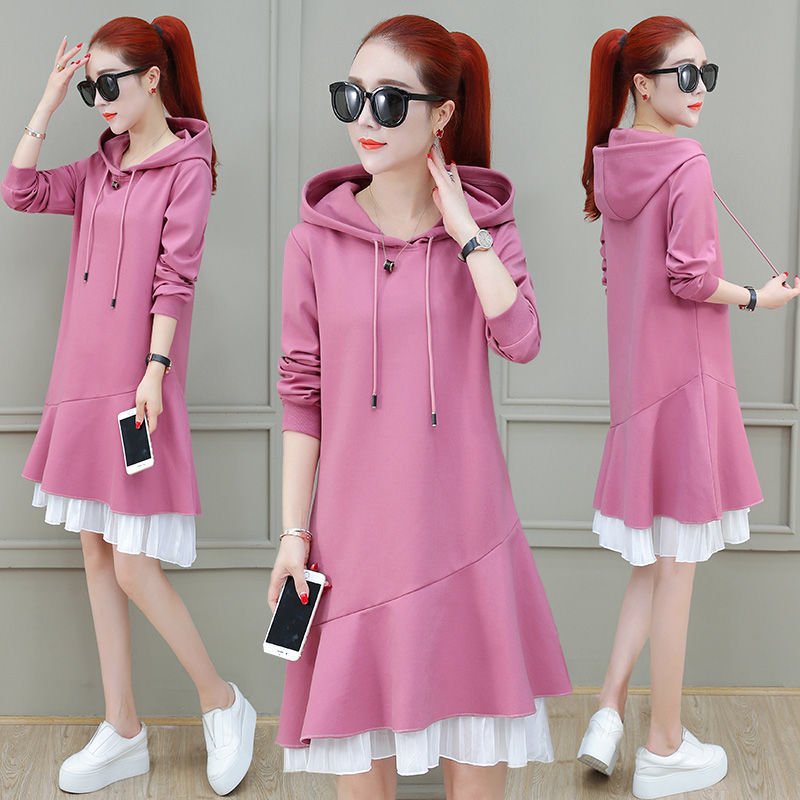 Fall 2020 new women's fashion Ruffle Skirt dress casual hooded medium length sweater skirt fashion