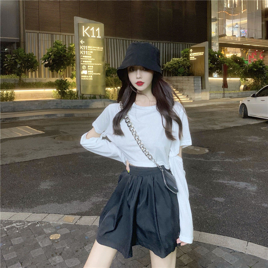 Qiuins new Korean fashion versatile short open button detachable sleeve short sleeve T-shirt top women long sleeve