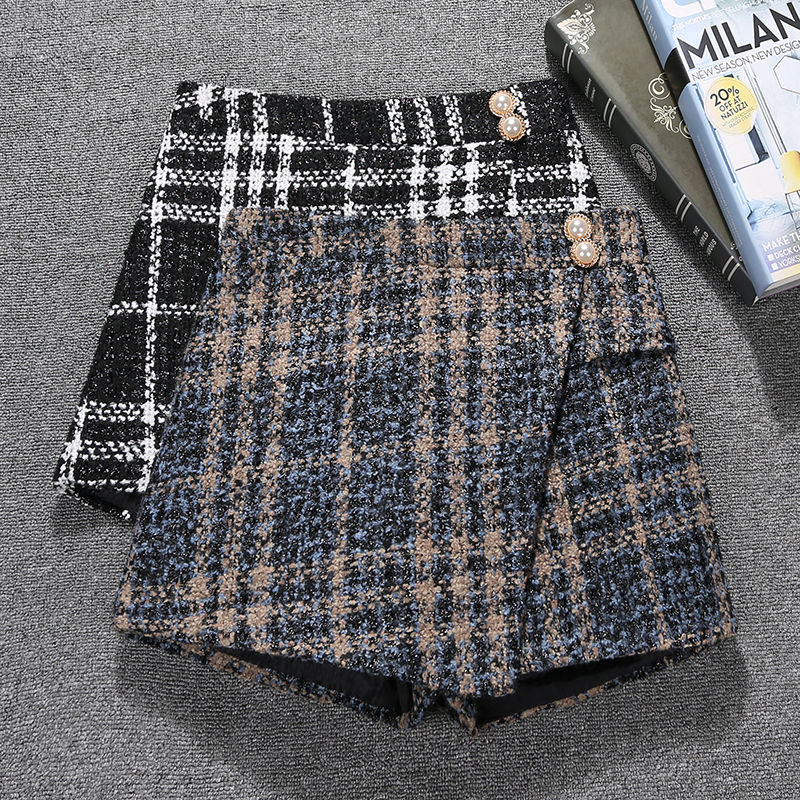 Thickened woolen shorts women's new autumn and winter outerwear trousers with irregular Plaid high waist and wide leg skirt pants
