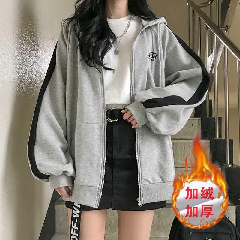 Fall / winter 2020 new sweater Plush hooded cardigan Student Sports Top Long Sleeve Jacket female