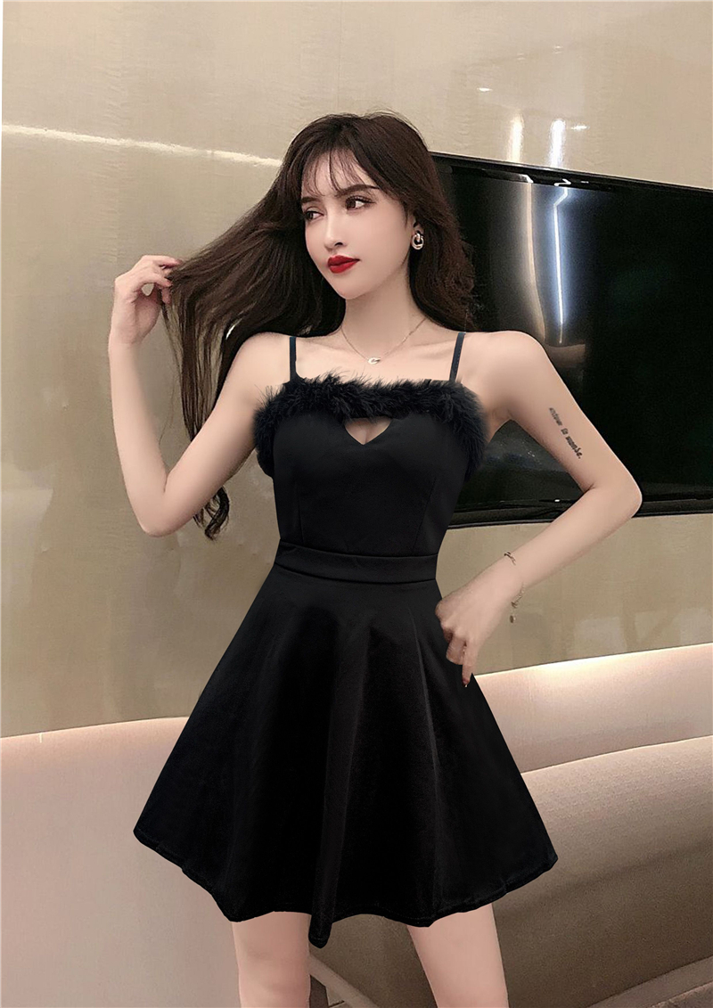 Real shot new sexy V-neck feather low chest waist show thin suspender bottom dress