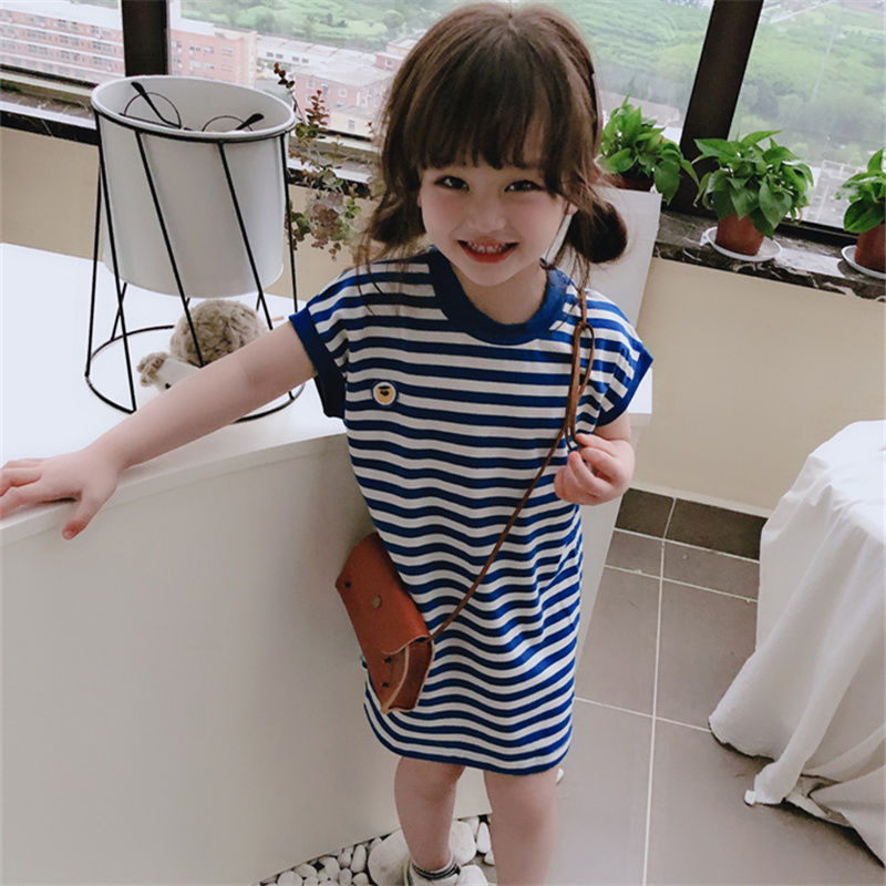 Summer 2020 new children's casual medium length DRESS GIRLS NAVY BLUE STRIPE sleeveless T-shirt skirt