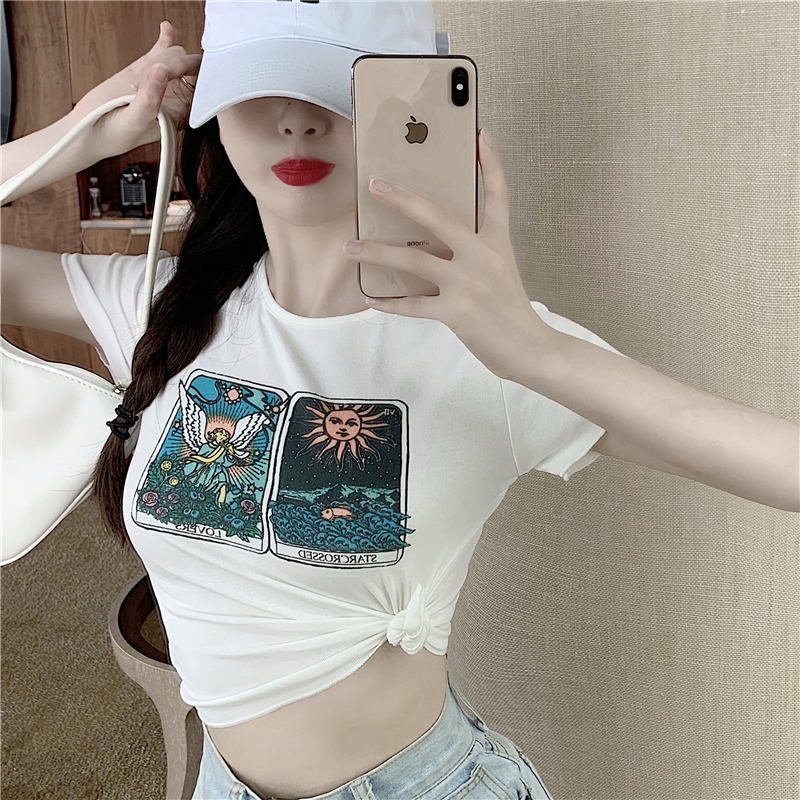 Real shot ~ real price retro print lace sexy slim fit short round neck T-shirt with navel exposed