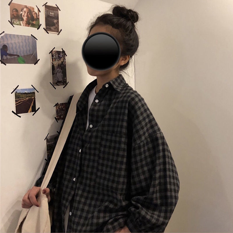 Spring and autumn check shirt female student Korean loose medium length Hong Kong style retro versatile long sleeve shirt cardigan coat