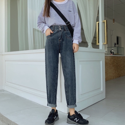 Real-price autumn new Korean version of loose and slim straight trousers, 9-minute trousers, high-waist jeans and trousers