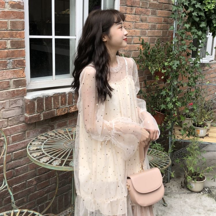 Spring and summer new sweet mesh dress female student Korean loose Sequin lace up bow mid length skirt