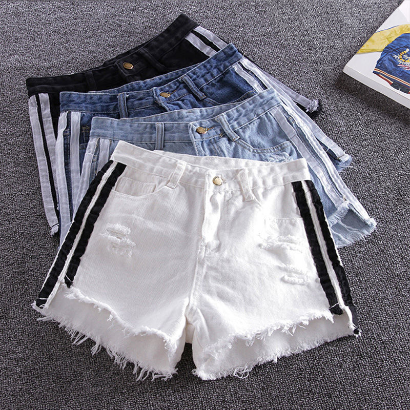 High waisted denim shorts women summer loose Korean wide leg pants students black skinny, versatile with holes and raw edge shorts