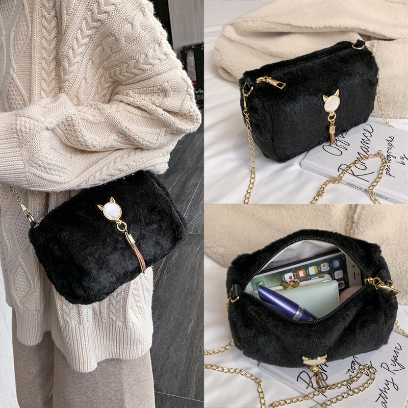 Plush small bag women's single shoulder cross carry new autumn and winter net red tide versatile tassel chain make-up bag
