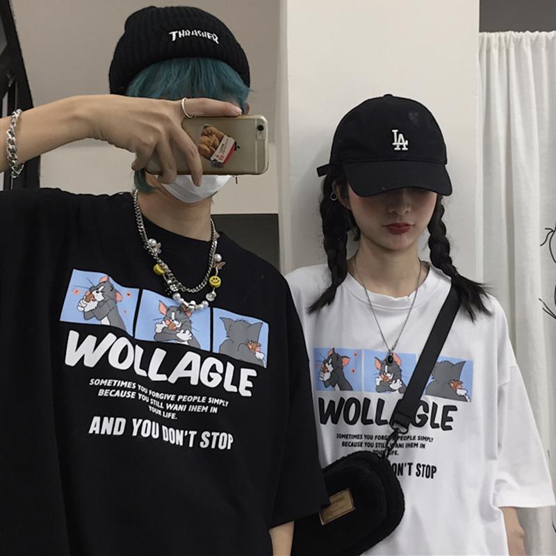 Korean ins trend retro childish cartoon print short sleeve men's couple's wear summer loose half sleeve t-shirt men's top