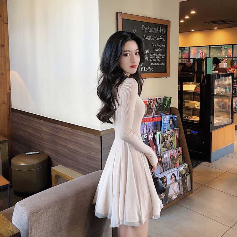 2020 new skirt autumn and winter short splicing mesh A-line skirt dress women's winter temperament shows thin waist fashion