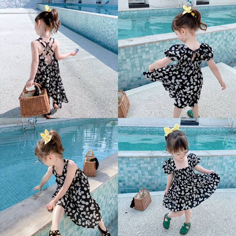 Girl's dress summer chiffon skirt net Red Daisy little girl broken flower princess skirt baby foreign style sling skirt