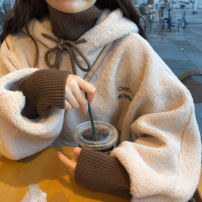Winter CEC plush and thickened lamb fleece cover loose hood fake two piece wool high collar sweater coat