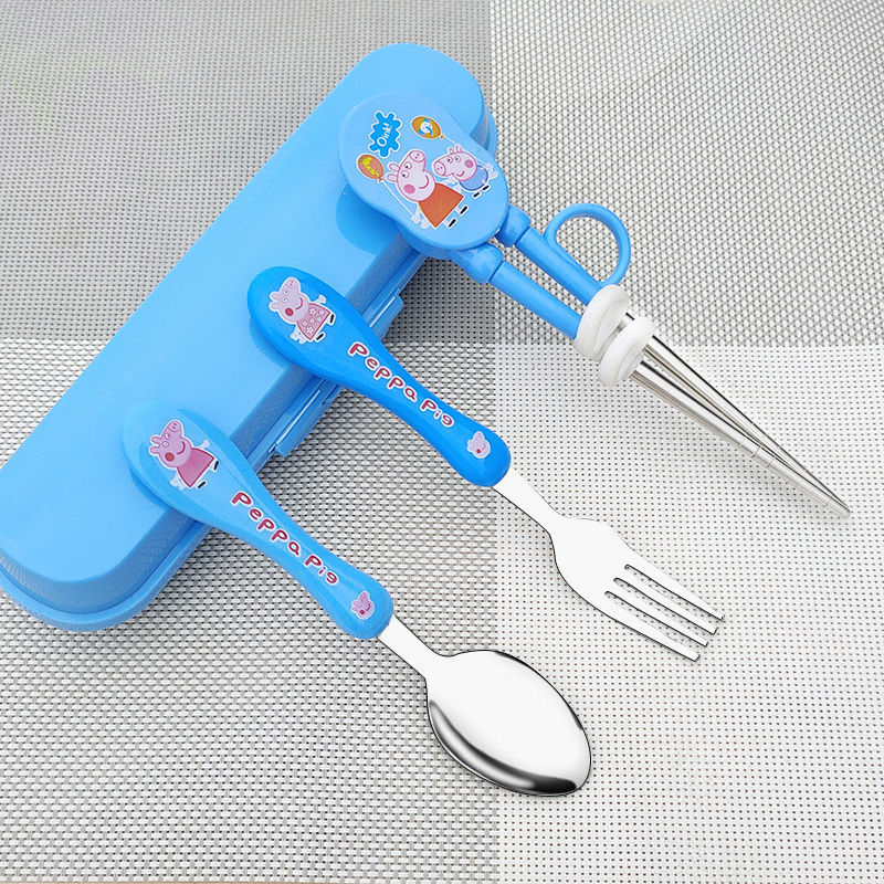 Stainless steel children learn chopsticks beginners practice chopsticks spoon fork baby eat supplementary food cartoon tableware set