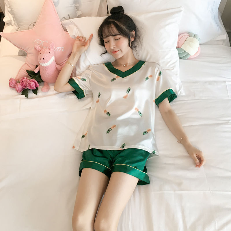 Pajamas women summer ice silk V-neck short sleeve shorts imitation real silk summer plus size Korean home wear two piece suit