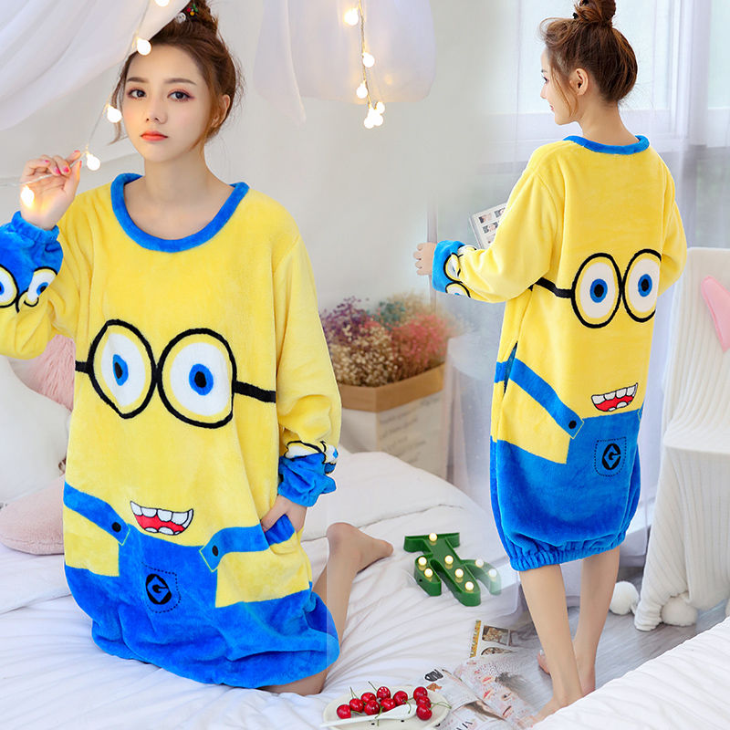 Pajama girl's winter flannel nightdress thickened cute cartoon Korean student's medium long coral velvet autumn Pajama girl