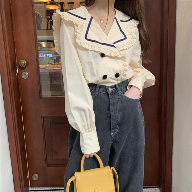 Heavy industry design Ruffle Navy collar shirt women long sleeve Student Korean loose bubble sleeve autumn top new style
