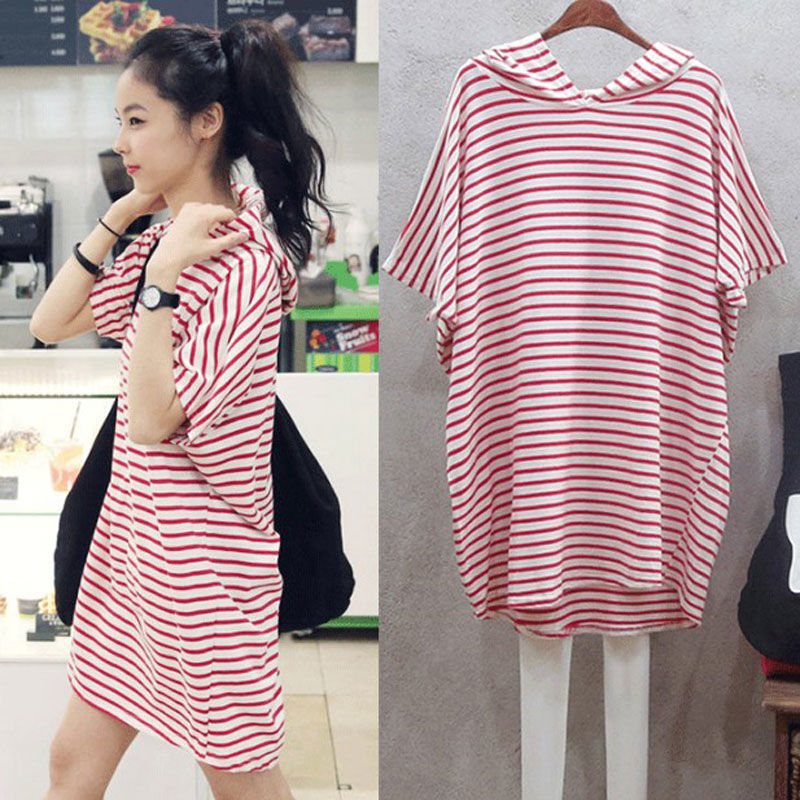Summer new Bali seaside resort beach dress women's large Korean loose hooded Short Sleeve Striped Dress