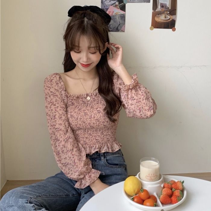 Vintage broken flower net red short blouse new style blouse small man foreign style slim Long Sleeve Chiffon shirt women