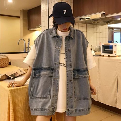 Hong Kong style retro chic top female student Korean loose large BF wind work clothes cowboy vest vest jacket female