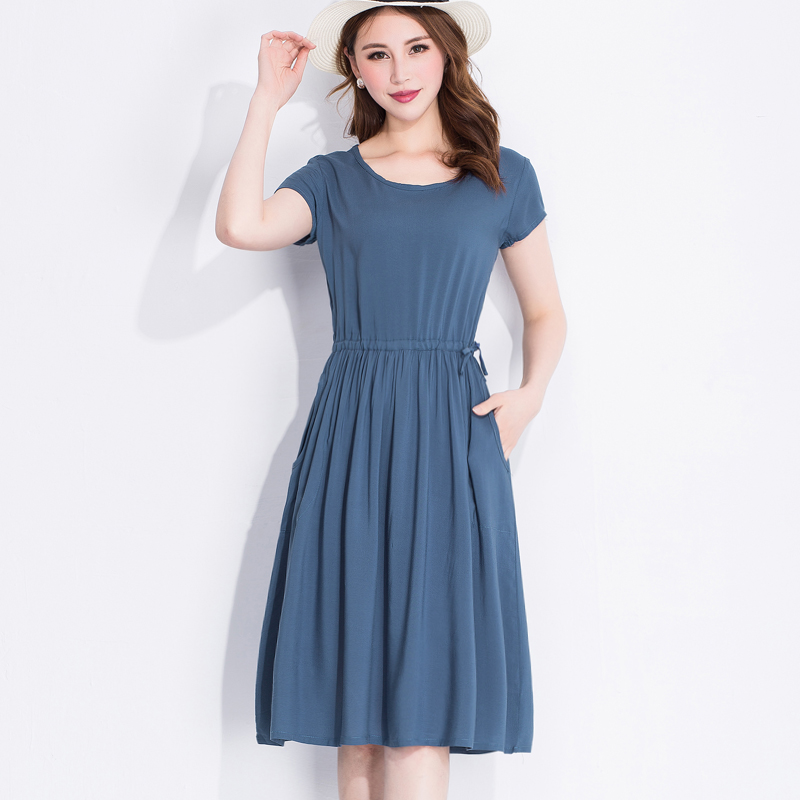2020 summer new women's cotton silk dress women's short sleeve round neck solid color show thin, waist closing medium length large swing skirt