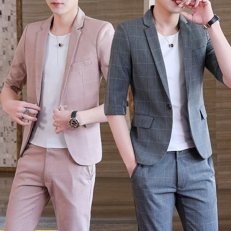 Suit men's 7 / 4 sleeve summer slim fit half sleeve suit men's coat fashion 3-piece men's fashion