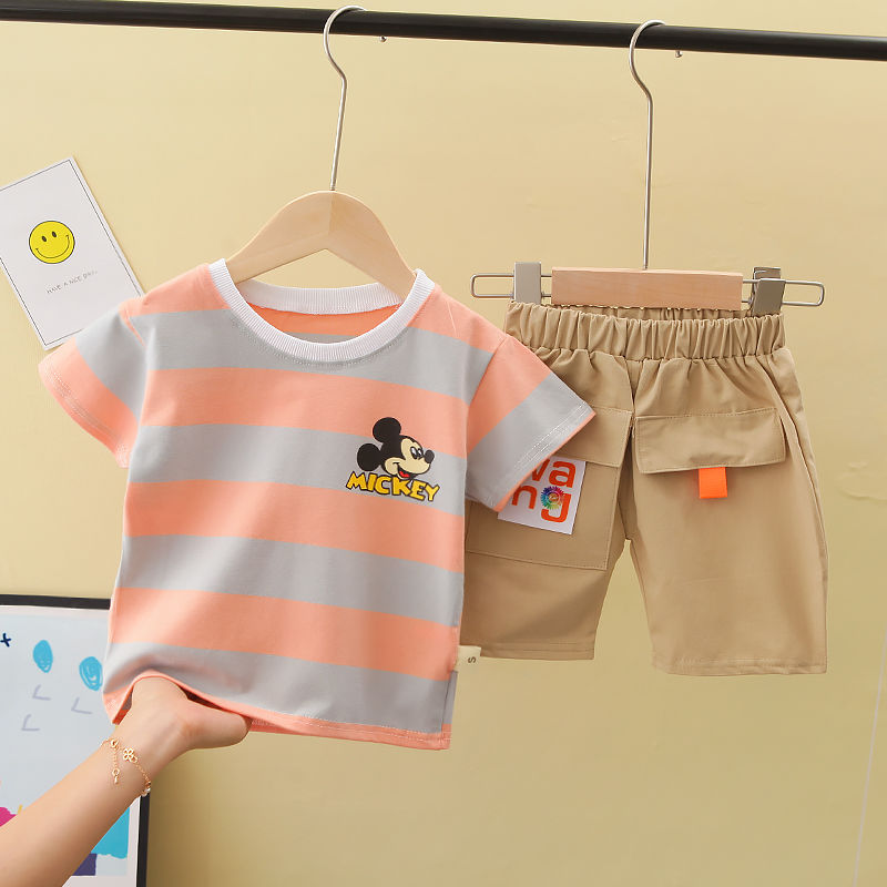 Children's short sleeve summer suit fashion Korean boys and girls Baby Mickey handsome casual foreign style two piece set for children