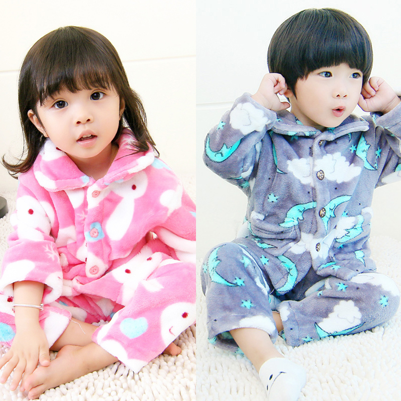 Autumn and winter children's pajamas flannel boys and girls Coral Fleece Baby thickened long sleeve suit children's home wear
