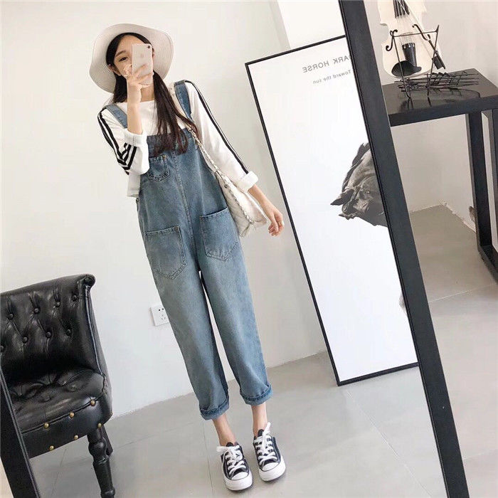 Spring and autumn jeans pants women's trousers Korean loose student retro casual casual suspender Jumpsuit chic