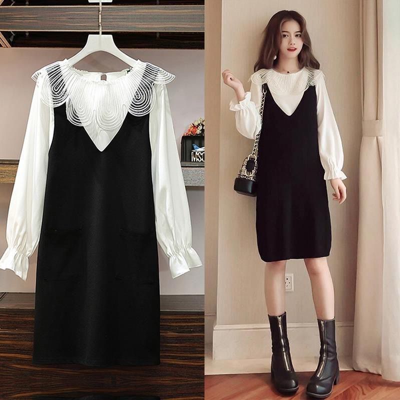 Autumn / winter 2020 large size women's fat sister covered belly dress set foreign style, age reduction, thin heart, two piece suit