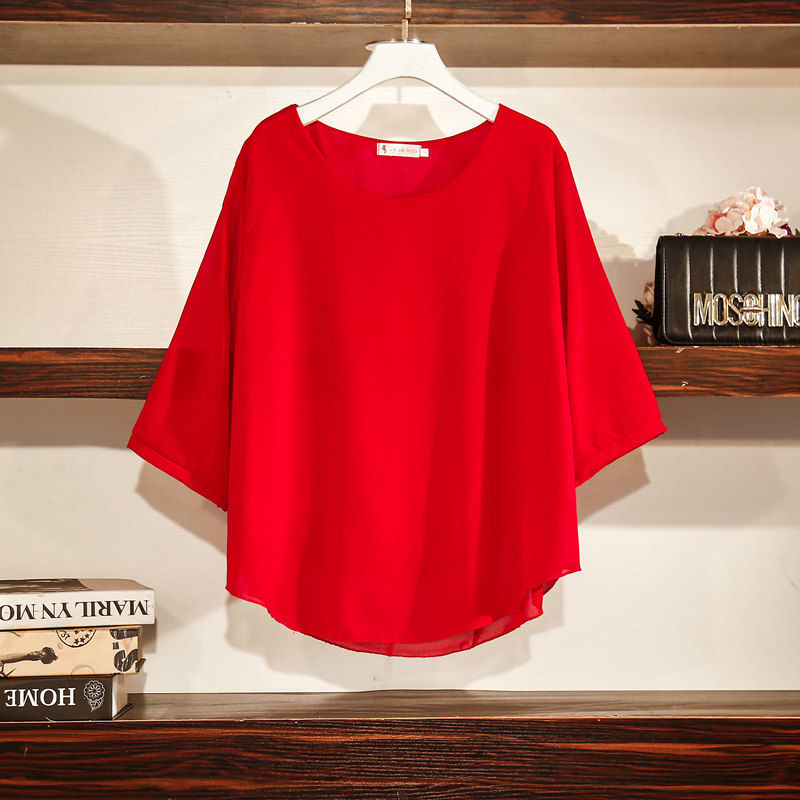 Summer solid color Round Neck Chiffon shirt 5 / 4 sleeve plus large size women's loose and thin, foreign style belly covering top shirt