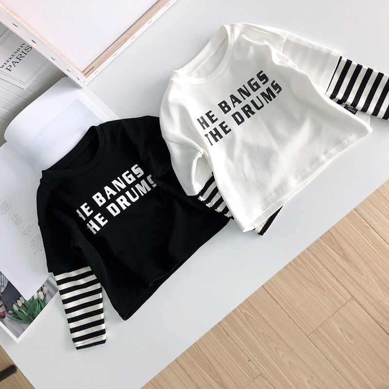 Boys' long sleeve T-shirt autumn spring children's long sleeve baby long sleeve bottoming shirt pure cotton stripe sleeve fake two piece set