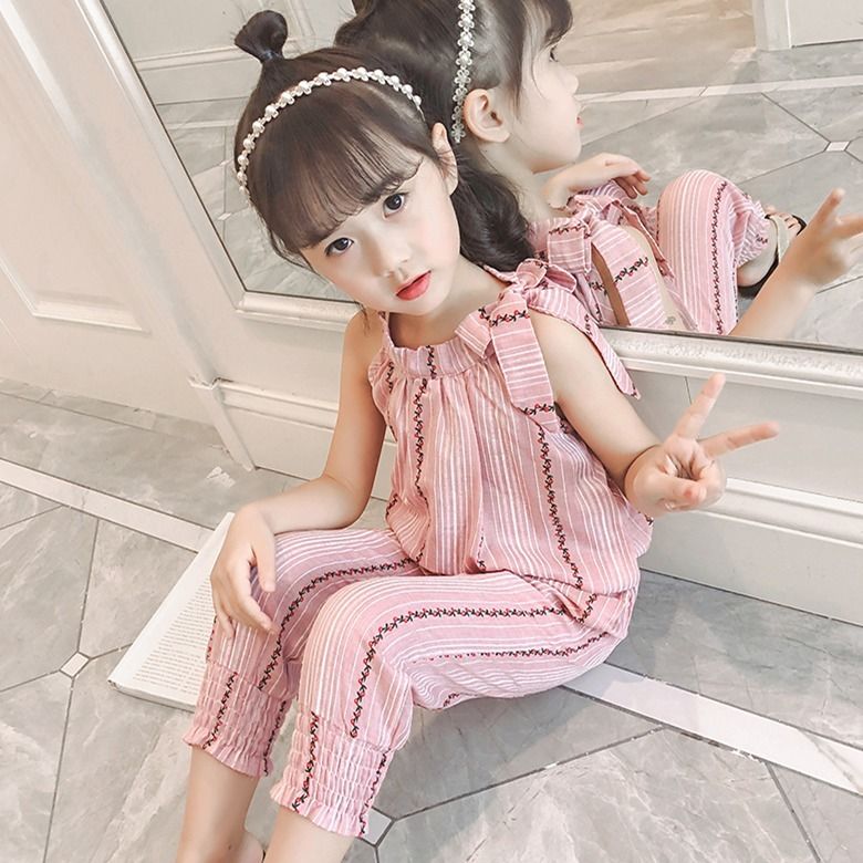 Girls' summer suit: big children's summer clothes new style children's clothes girls' foreign style stripes Korean children's two piece cotton hemp set