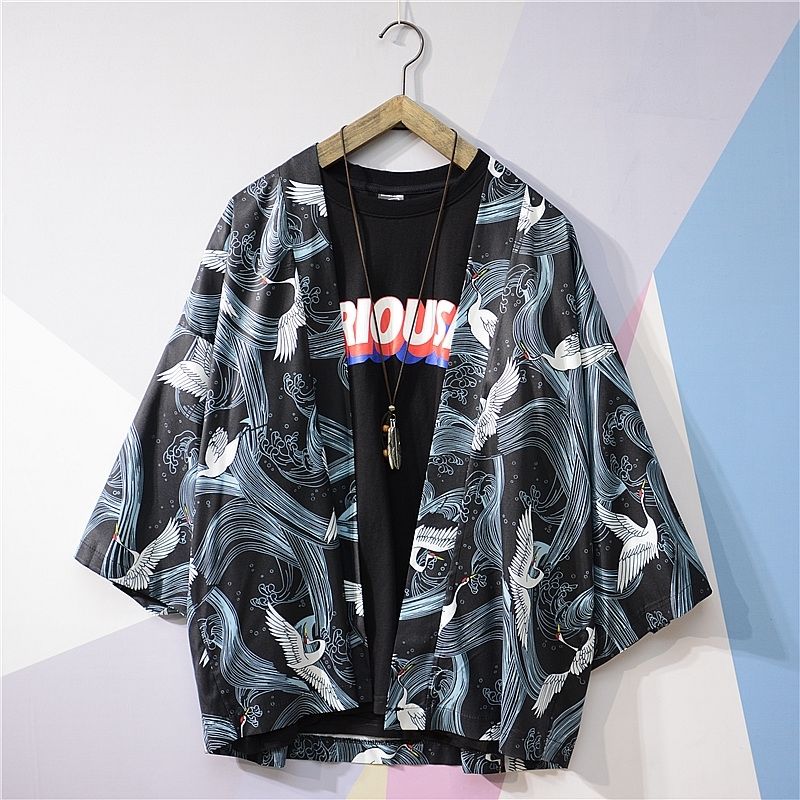 Summer and autumn thin seven point sleeve shirt men and women's road robe coat crane couple net red sun proof clothes loose student trend