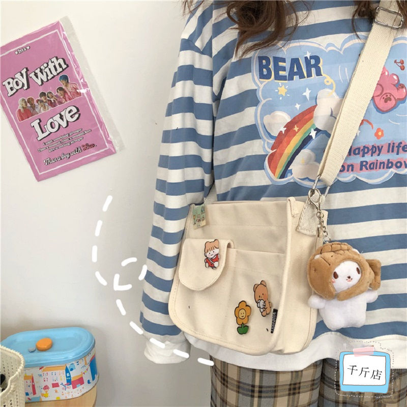 Japanese Harajuku lovely ancient feeling girl messenger bag Korean ins retro large capacity students' canvas bag for class