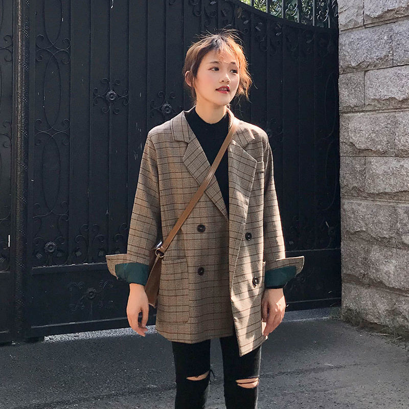 Autumn 2020 new ins Plaid suit Korean student loose retro check chic Blazer