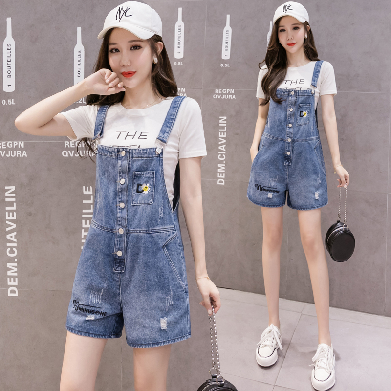 Real photo cowboy strap shorts women's summer new Korean version loose show thin wide leg pants age reduction sling one-piece pants trend