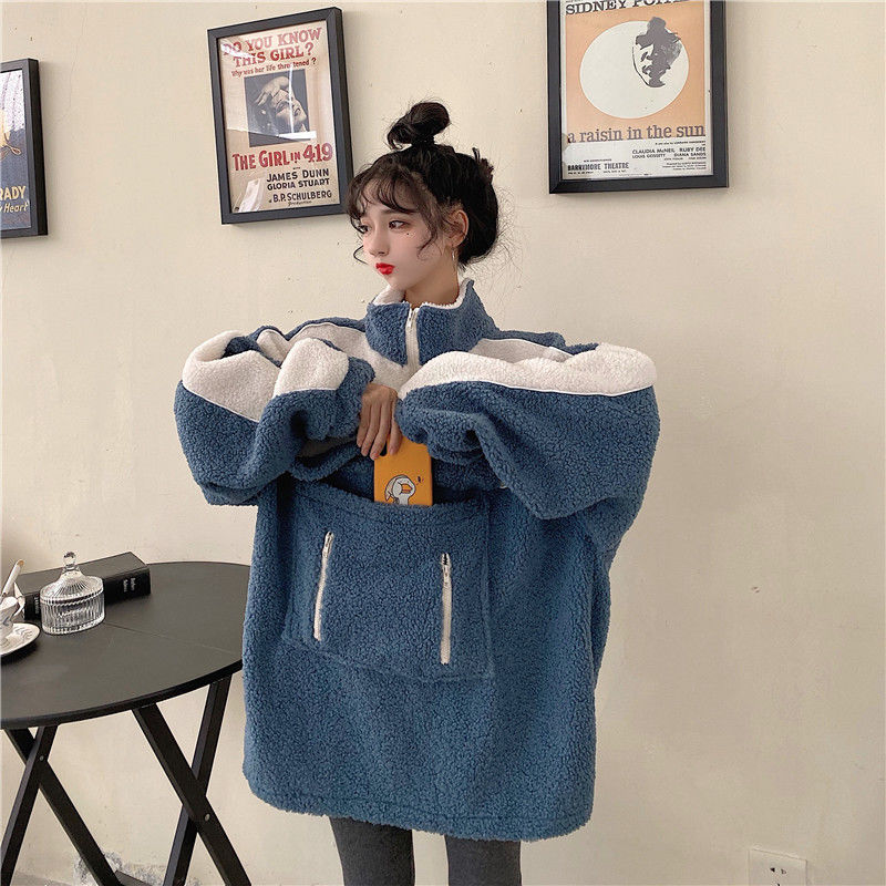 Autumn winter Korean original house style ins loose BF high neck sweater women's zipper pocket thickened imitation lamb Plush coat
