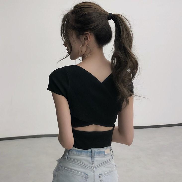 Open back short T-shirt exposed navel short sleeve sexy women's top 2019 new social TIGHT SKINNY bottoming shirt summer