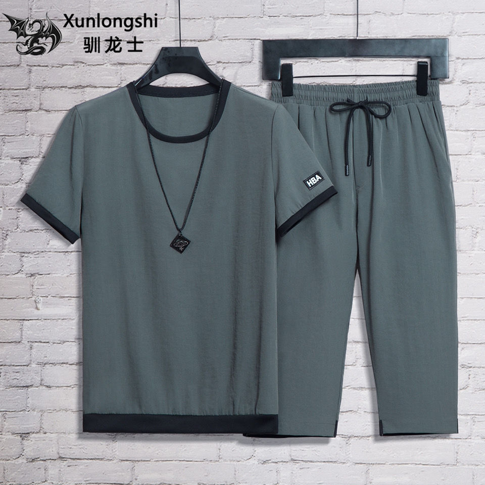 [dragon training] new ice silk suit for men's leisure sports short sleeve men's large Capris 2-piece set