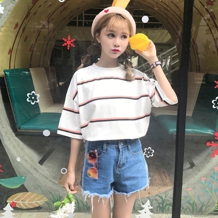 Summer new T-shirt half sleeve women's top striped T-shirt short sleeve female students Korean version loose yuansuo wind BF trend
