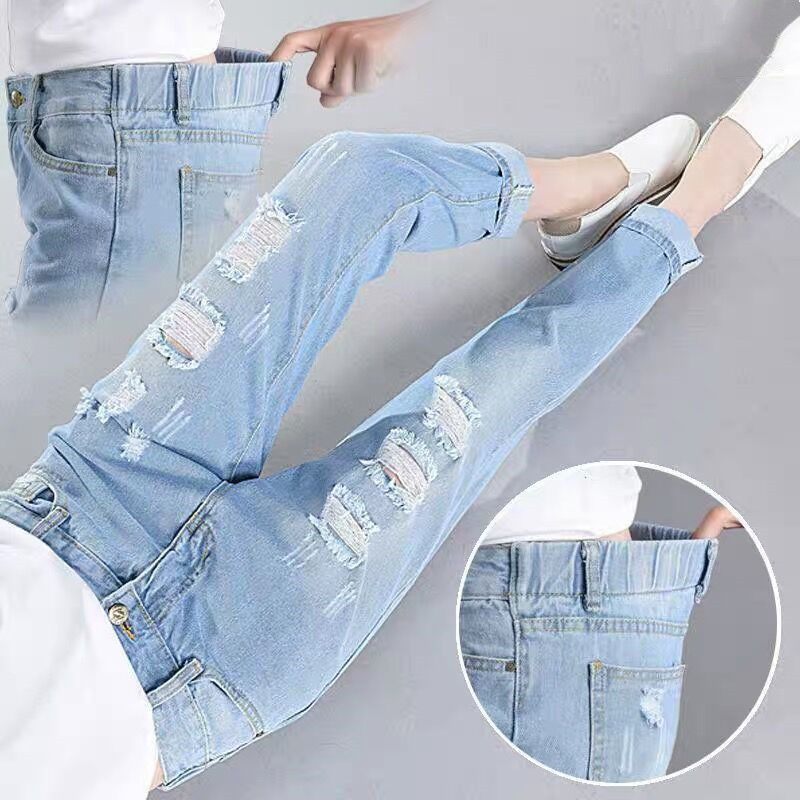 [9:7] torn jeans women's elastic waist loose Korean version of middle waist versatile Harun Capris children