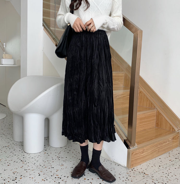 Real price ~ autumn and winter new high waisted slim medium length velvet pleated skirt A-line skirt
