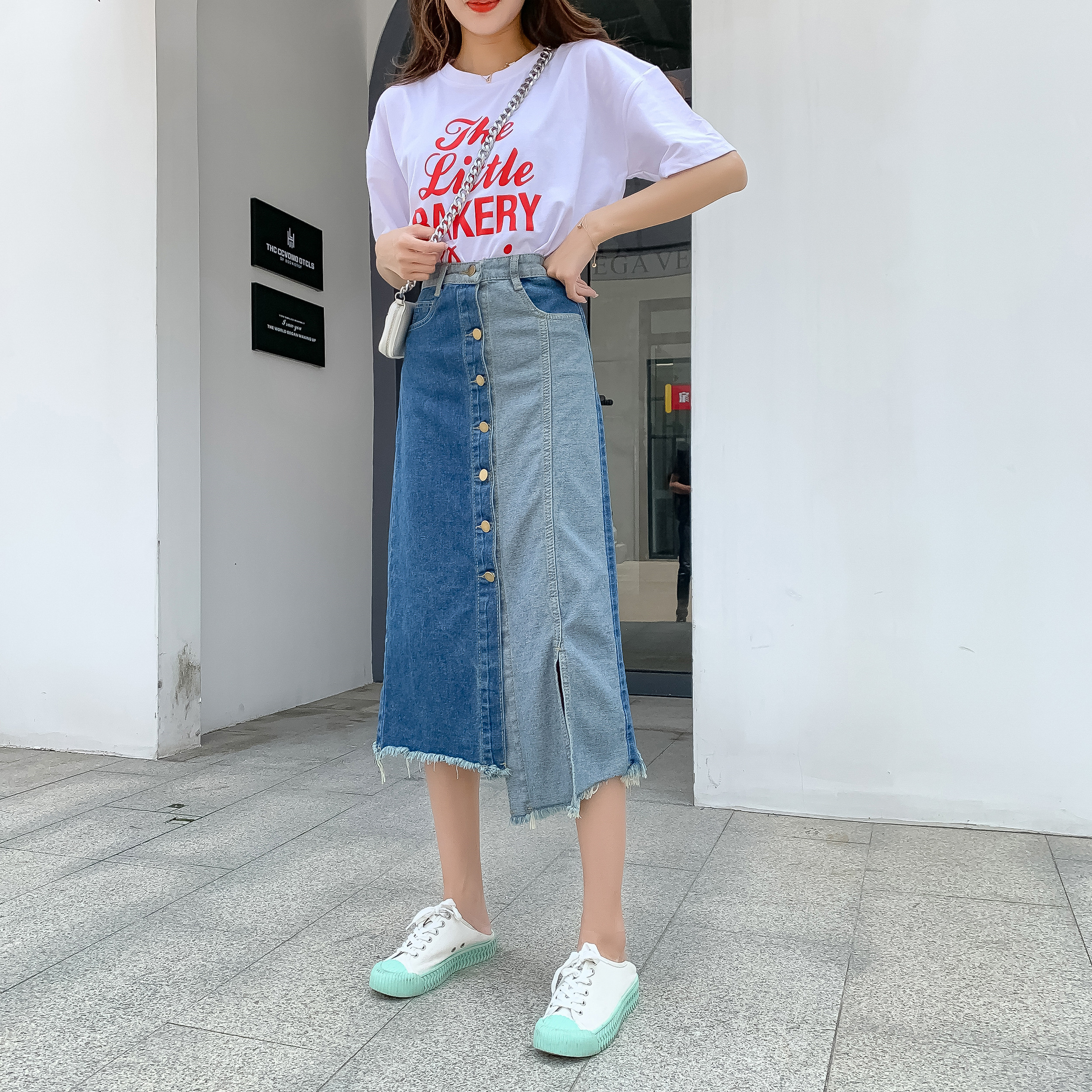 East Gate, South Korea new style denim skirt in summer 2020 irregular splicing skirt split mid length skirt trend