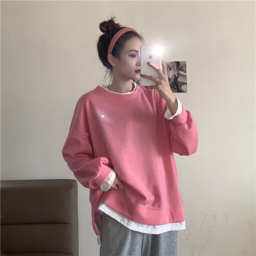 Real price fake two pieces of sanitary clothes women's loose Korean version 2020 new student Pullover crew neck top