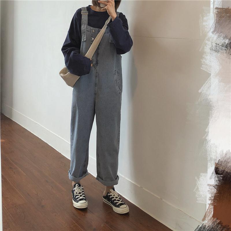 Loose BF straight tube denim belt pants for women spring and autumn 2020 new Korean version high waist thin wide leg one-piece pants fashion