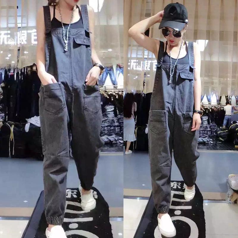 European station spring 2020 Gougou suspenders retro big hook European work clothes loose jeans on both sides