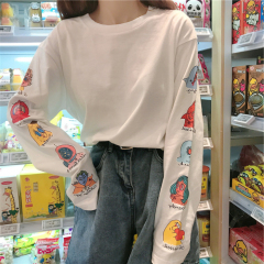 Early autumn loose and versatile Korean cuffs cartoon print super fire CEC long sleeve T-shirt women's net red top ins