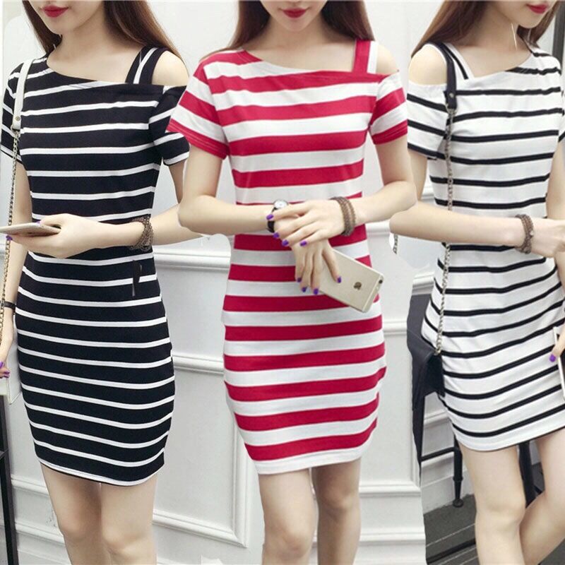 Summer short sleeve slant shoulder Stripe Dress Medium Length Hip Wrap sexy one line collar bottoming T-shirt and skirt woman