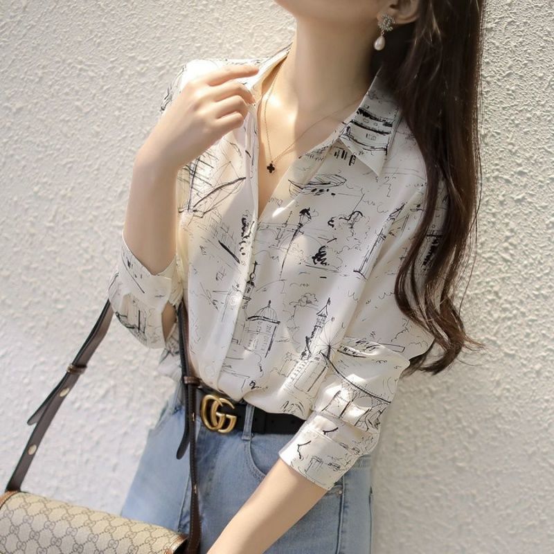 Shirt women's long sleeve print spring 2020 new Chiffon Top Korean style shirt versatile loose bottoming shirt